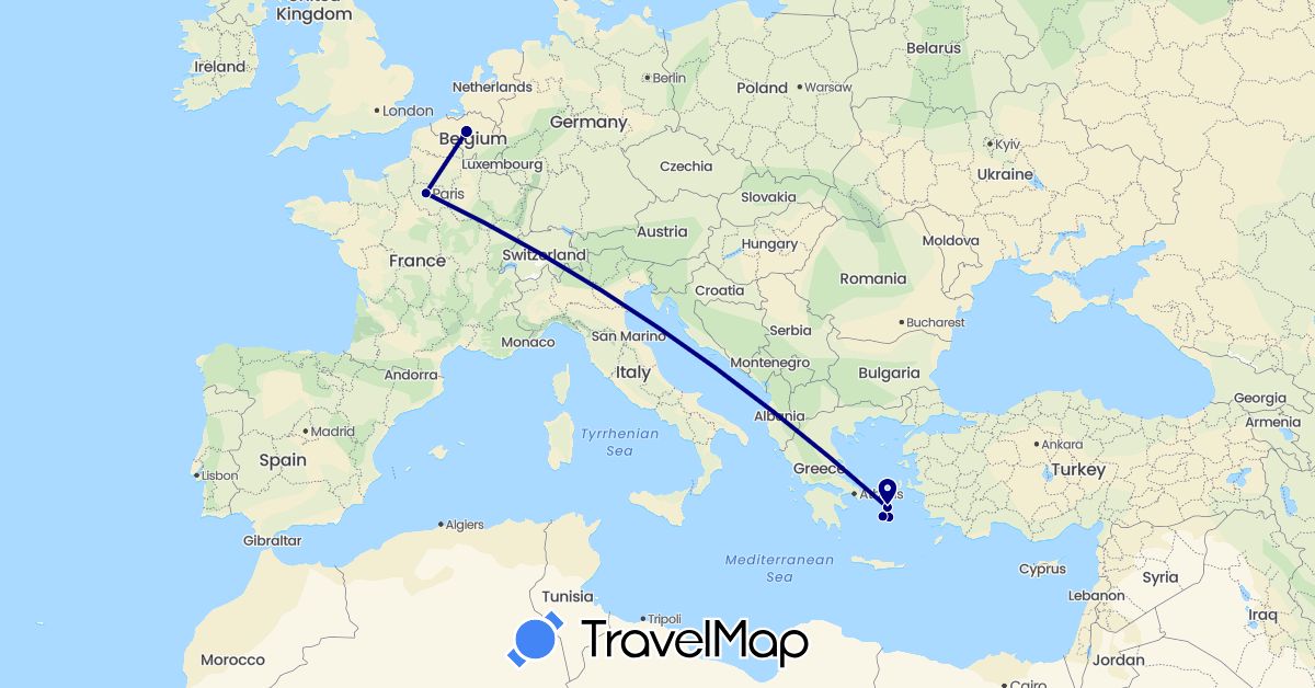 TravelMap itinerary: driving in Belgium, France, Greece (Europe)